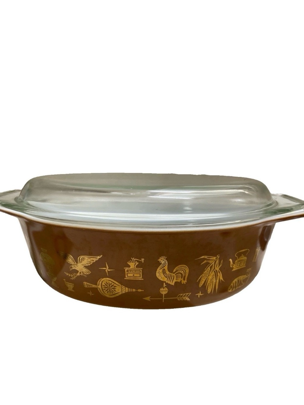 Pyrex Brown Casserole Dish with Gold Farm Motif and Glass Lid
